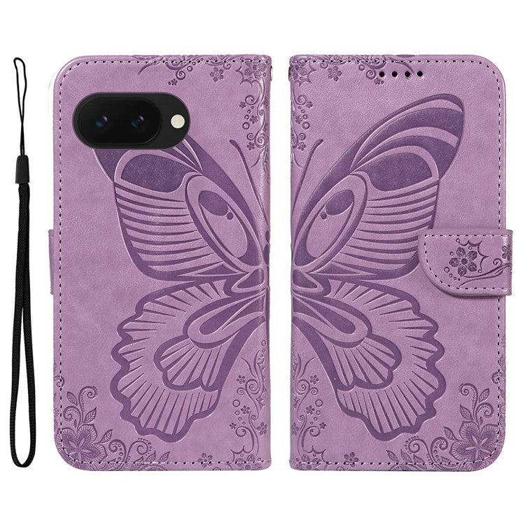 For Google Pixel 9a Case Butterfly Pattern Leather Wallet Flip Phone Cover - Light Purple