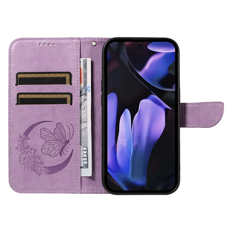 For Google Pixel 9a Case Butterfly Pattern Leather Wallet Flip Phone Cover - Light Purple