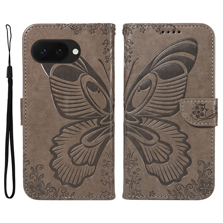 For Google Pixel 9a Case Butterfly Pattern Leather Wallet Flip Phone Cover - Grey