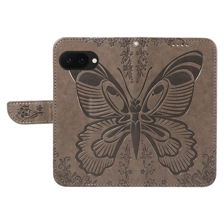 For Google Pixel 9a Case Butterfly Pattern Leather Wallet Flip Phone Cover - Grey