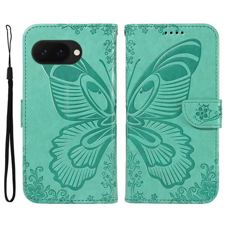 For Google Pixel 9a Case Butterfly Pattern Leather Wallet Flip Phone Cover - Green