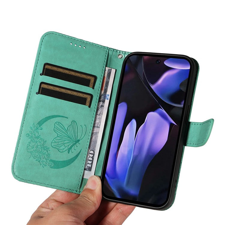 For Google Pixel 9a Case Butterfly Pattern Leather Wallet Flip Phone Cover - Green