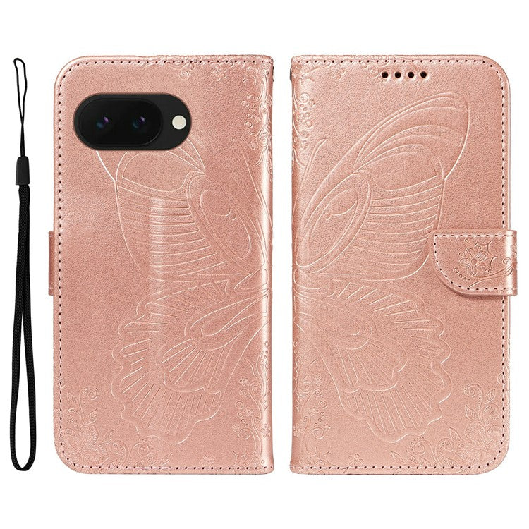 For Google Pixel 9a Case Butterfly Pattern Leather Wallet Flip Phone Cover - Rose Gold