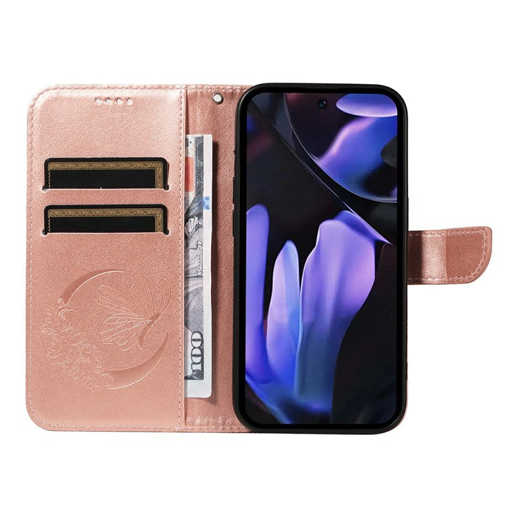 For Google Pixel 9a Case Butterfly Pattern Leather Wallet Flip Phone Cover - Rose Gold