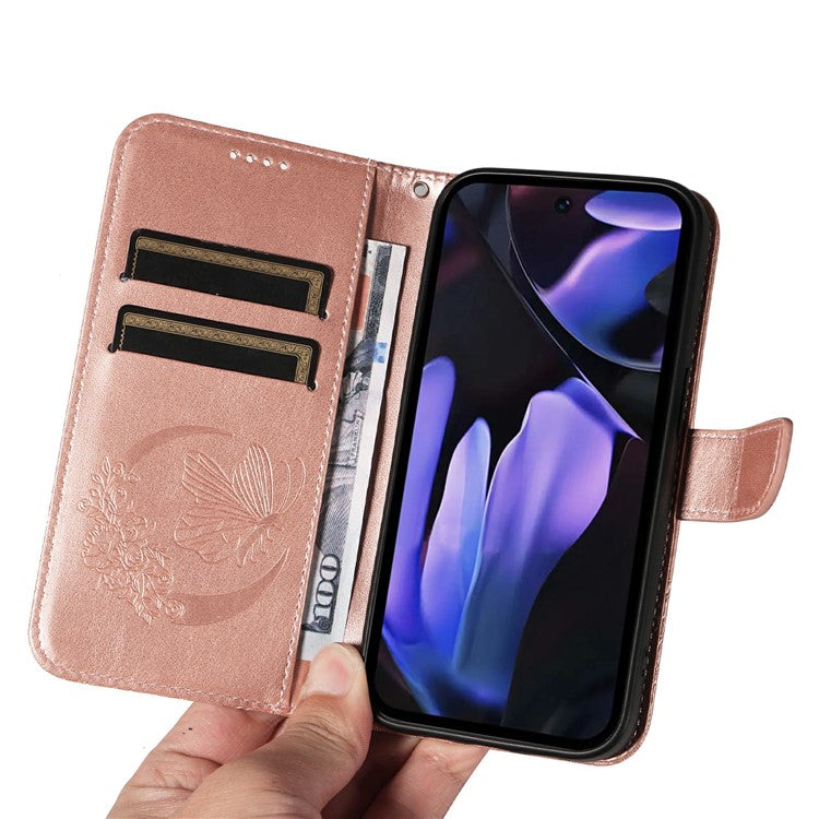 For Google Pixel 9a Case Butterfly Pattern Leather Wallet Flip Phone Cover - Rose Gold