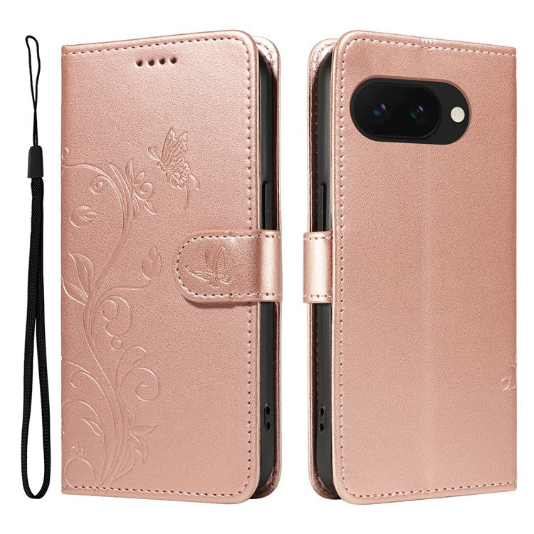 For Google Pixel 9a Case Flower Pattern PU Leather Wallet Phone Cover - Rose Gold