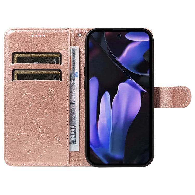 For Google Pixel 9a Case Flower Pattern PU Leather Wallet Phone Cover - Rose Gold