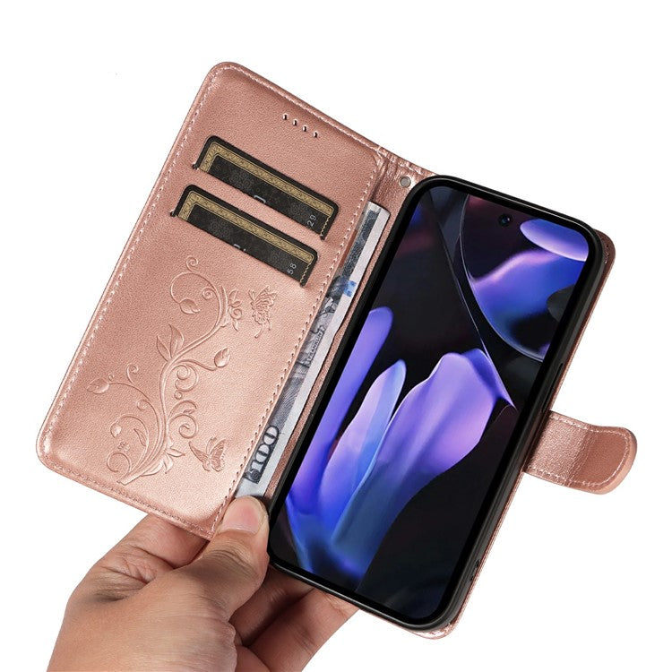 For Google Pixel 9a Case Flower Pattern PU Leather Wallet Phone Cover - Rose Gold