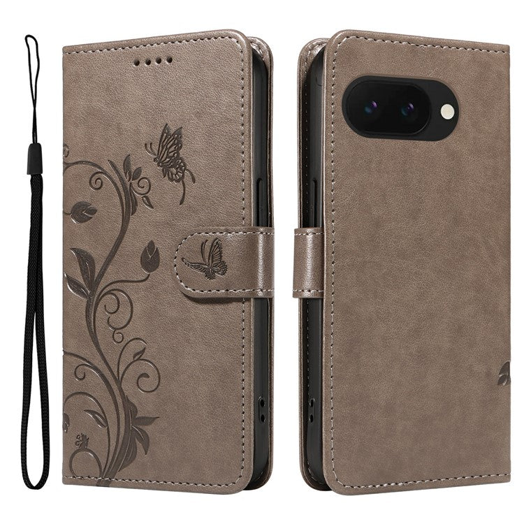 For Google Pixel 9a Case Flower Pattern PU Leather Wallet Phone Cover - Grey