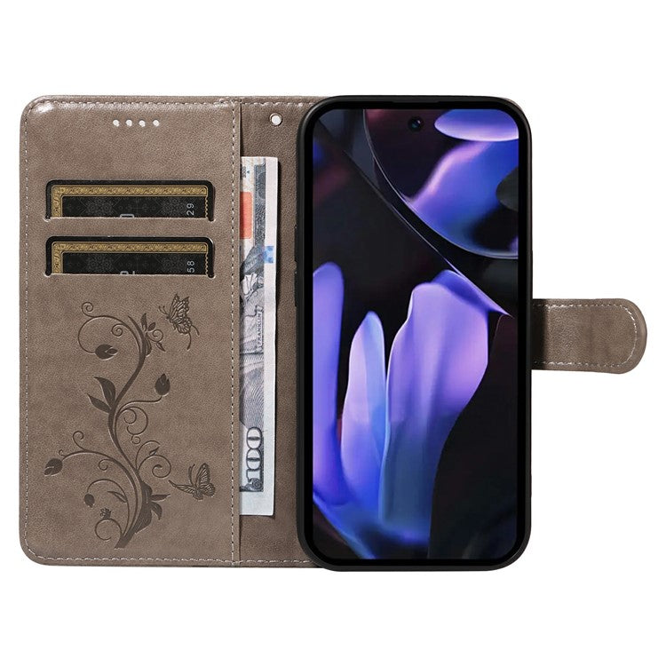 For Google Pixel 9a Case Flower Pattern PU Leather Wallet Phone Cover - Grey