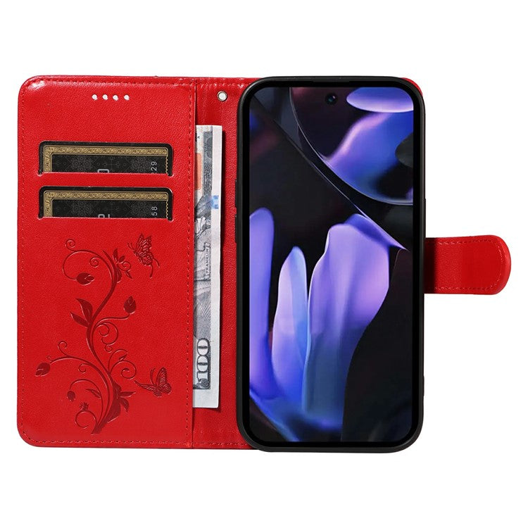 For Google Pixel 9a Case Flower Pattern PU Leather Wallet Phone Cover - Red