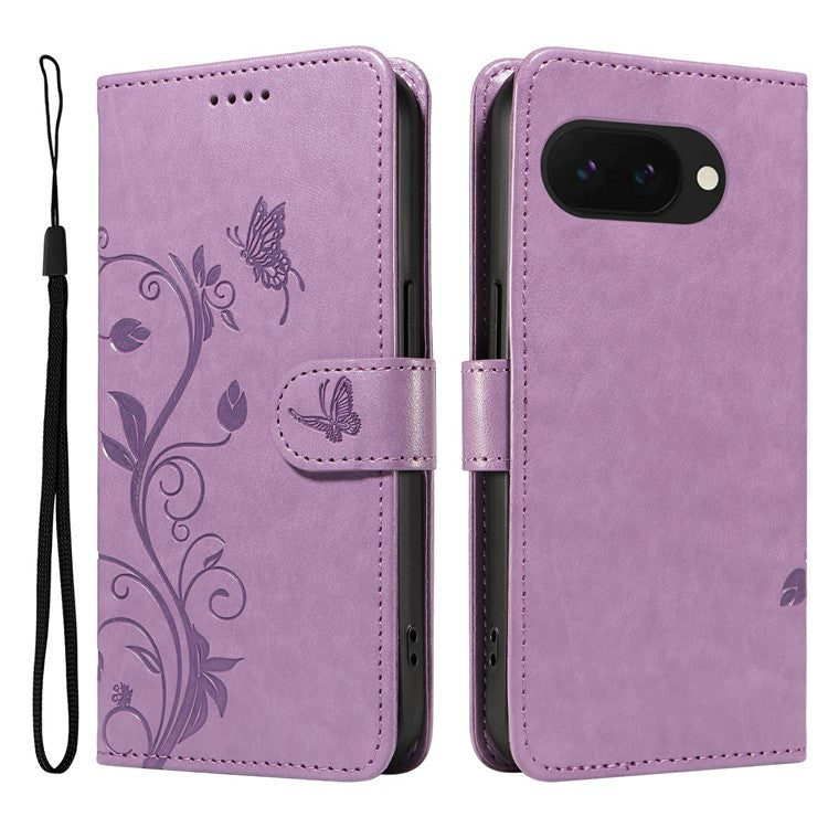 For Google Pixel 9a Case Flower Pattern PU Leather Wallet Phone Cover - Light Purple