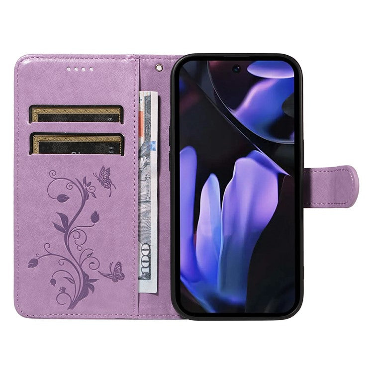 For Google Pixel 9a Case Flower Pattern PU Leather Wallet Phone Cover - Light Purple