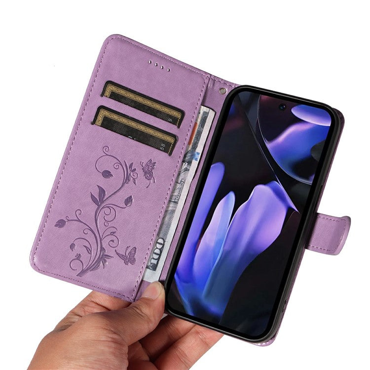 For Google Pixel 9a Case Flower Pattern PU Leather Wallet Phone Cover - Light Purple