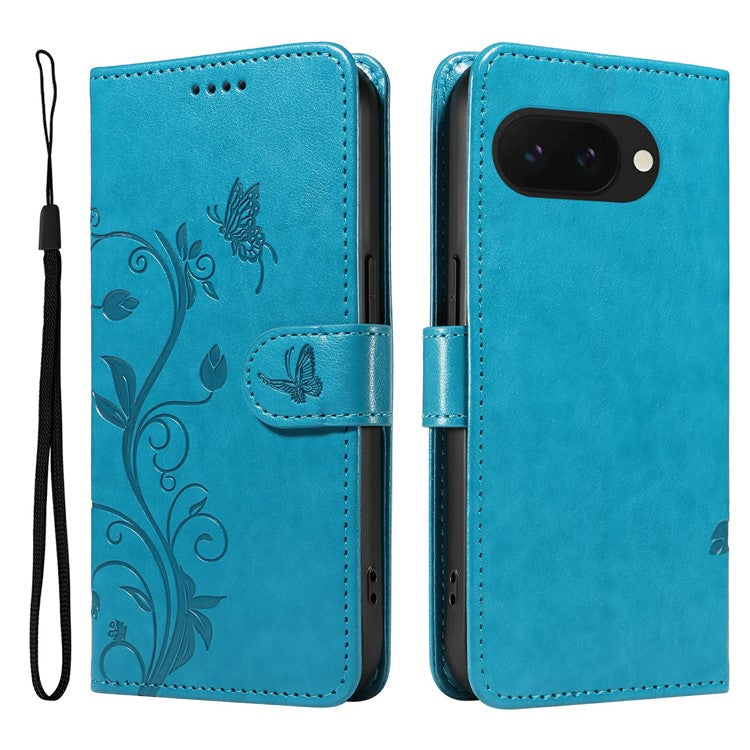 For Google Pixel 9a Case Flower Pattern PU Leather Wallet Phone Cover - Blue