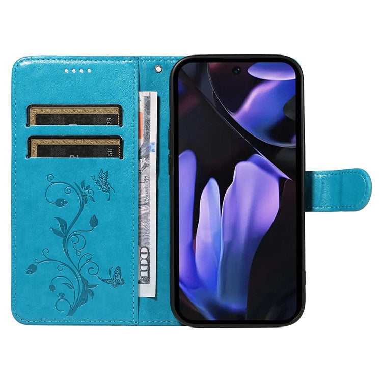 For Google Pixel 9a Case Flower Pattern PU Leather Wallet Phone Cover - Blue