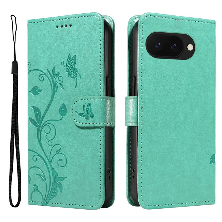 For Google Pixel 9a Case Flower Pattern PU Leather Wallet Phone Cover - Green