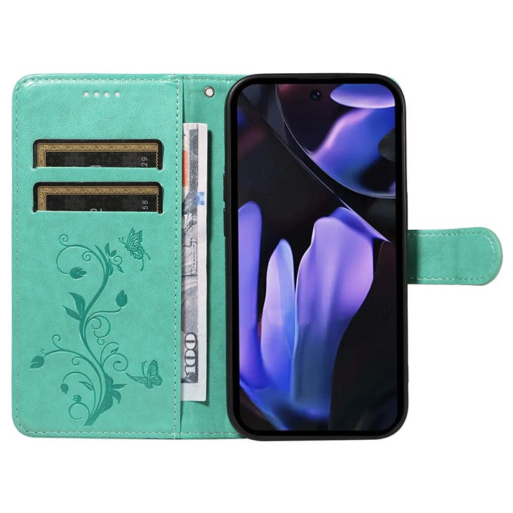 For Google Pixel 9a Case Flower Pattern PU Leather Wallet Phone Cover - Green