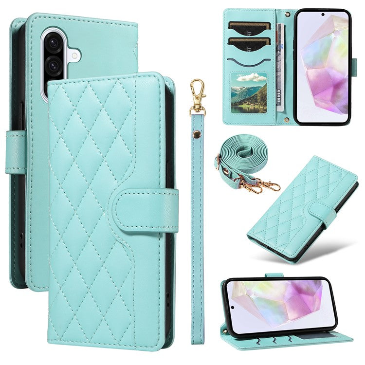 For Samsung Galaxy A36 5G / A56 5G Wallet Case Rhombus Leather Phone Cover with Shoulder Strap, Wrist Strap - Green