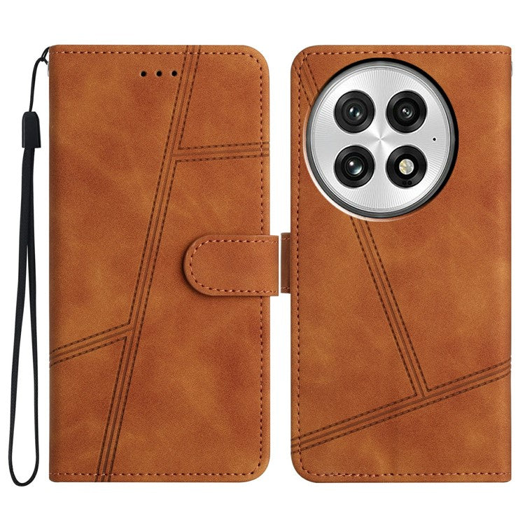 For OnePlus 13 Case Flip Leather Retro Phone Cover Lines Imprinted - Brown