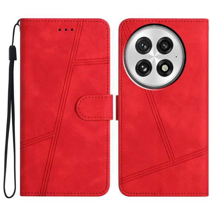 For OnePlus 13 Case Flip Leather Retro Phone Cover Lines Imprinted - Red