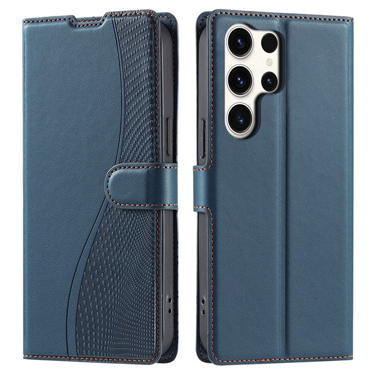 For Samsung Galaxy S25 Ultra Case Dots Imprinted PU Leather Flip Phone Cover with Card Slot, Strap - Blue