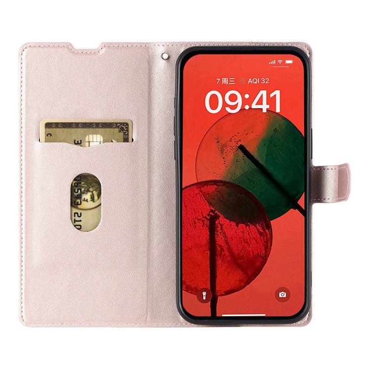 Leather Case for Xiaomi Poco C75 4G / Redmi 14R 5G / 14C 4G Dots Imprinted Phone Cover with Card Slot, Strap - Rose Gold