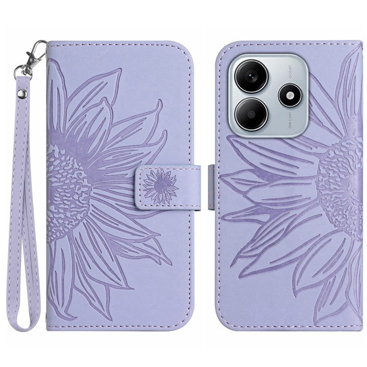 For Xiaomi Redmi Note 14 5G Case Sunflower Leather Wallet Phone Cover with Wrist Strap - Light Purple