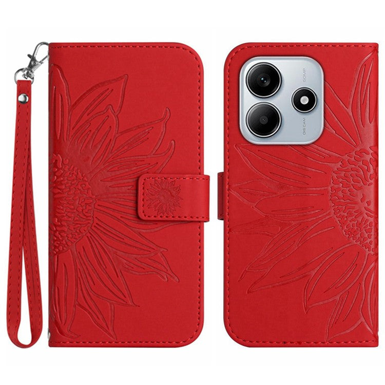 For Xiaomi Redmi Note 14 5G Case Sunflower Leather Wallet Phone Cover with Wrist Strap - Red