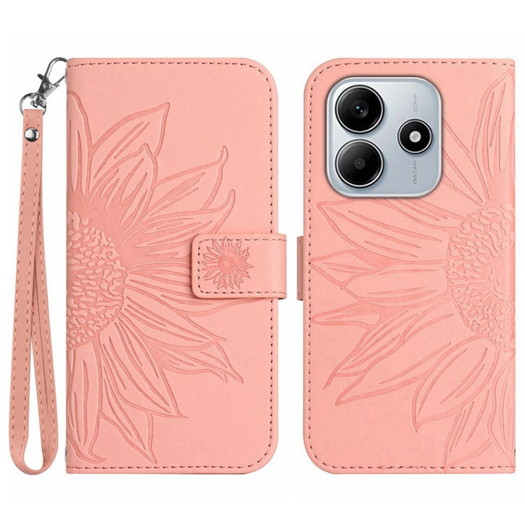 For Xiaomi Redmi Note 14 5G Case Sunflower Leather Wallet Phone Cover with Wrist Strap - Light Pink