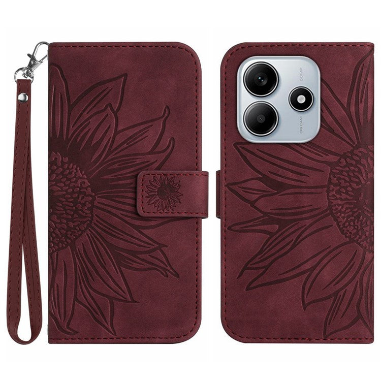 For Xiaomi Redmi Note 14 5G Case Sunflower Leather Wallet Phone Cover with Wrist Strap - Wine Red