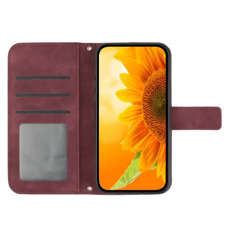 For Xiaomi Redmi Note 14 5G Case Sunflower Leather Wallet Phone Cover with Wrist Strap - Wine Red