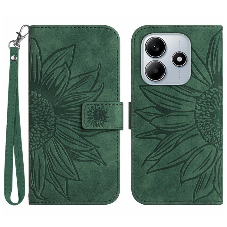 For Xiaomi Redmi Note 14 5G Case Sunflower Leather Wallet Phone Cover with Wrist Strap - Dark Green