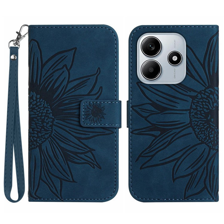 For Xiaomi Redmi Note 14 5G Case Sunflower Leather Wallet Phone Cover with Wrist Strap - Dark Blue