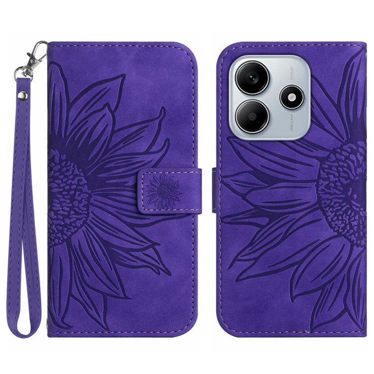 For Xiaomi Redmi Note 14 5G Case Sunflower Leather Wallet Phone Cover with Wrist Strap - Dark Purple