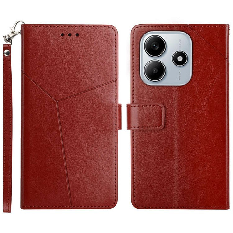 HT01 For Xiaomi Redmi Note 14 5G Case Y-Shaped Lines Imprint Leather Phone Cover - Brown