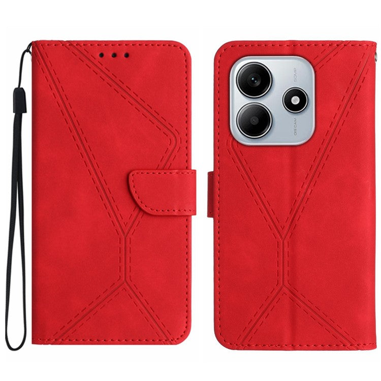 HT05 For Xiaomi Redmi Note 14 5G Case Leather Imprinted Lines Phone Cover with Card Holder - Red