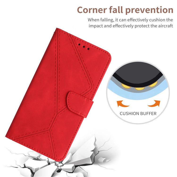 HT05 For Xiaomi Redmi Note 14 5G Case Leather Imprinted Lines Phone Cover with Card Holder - Red