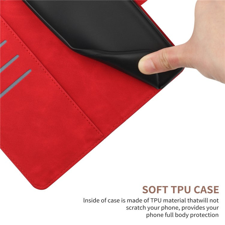 HT05 For Xiaomi Redmi Note 14 5G Case Leather Imprinted Lines Phone Cover with Card Holder - Red