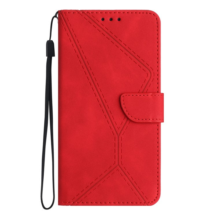 HT05 For Xiaomi Redmi Note 14 5G Case Leather Imprinted Lines Phone Cover with Card Holder - Red