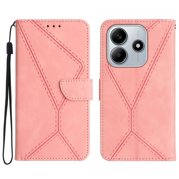 HT05 For Xiaomi Redmi Note 14 5G Case Leather Imprinted Lines Phone Cover with Card Holder - Pink