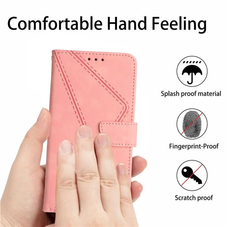 HT05 For Xiaomi Redmi Note 14 5G Case Leather Imprinted Lines Phone Cover with Card Holder - Pink