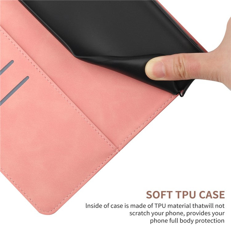 HT05 For Xiaomi Redmi Note 14 5G Case Leather Imprinted Lines Phone Cover with Card Holder - Pink