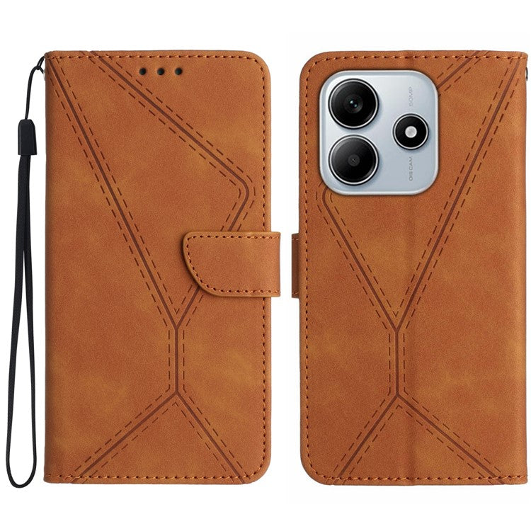 HT05 For Xiaomi Redmi Note 14 5G Case Leather Imprinted Lines Phone Cover with Card Holder - Brown