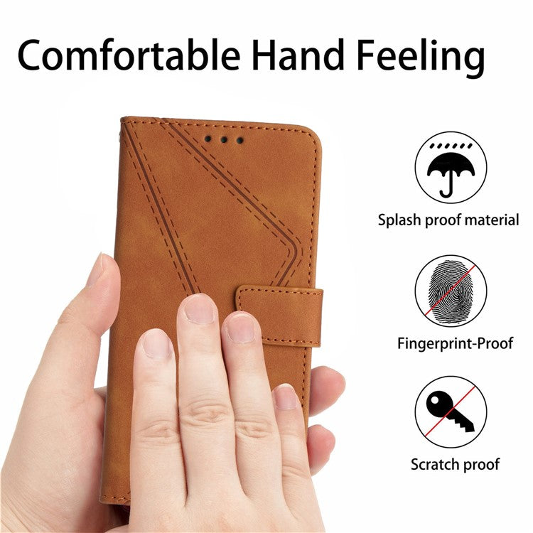 HT05 For Xiaomi Redmi Note 14 5G Case Leather Imprinted Lines Phone Cover with Card Holder - Brown