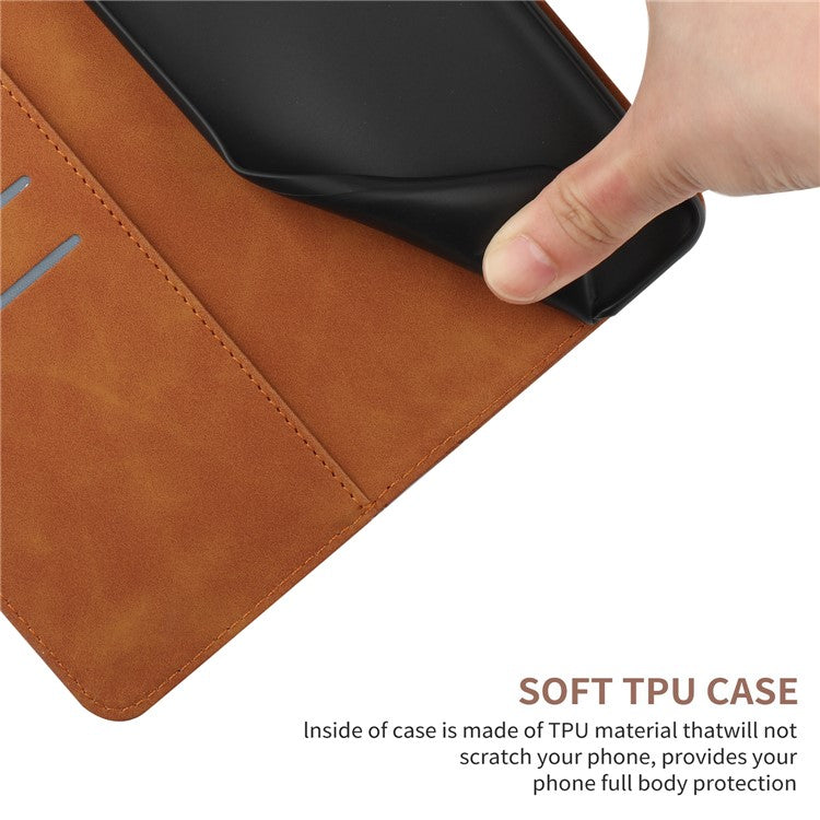 HT05 For Xiaomi Redmi Note 14 5G Case Leather Imprinted Lines Phone Cover with Card Holder - Brown