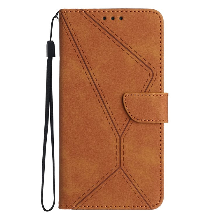 HT05 For Xiaomi Redmi Note 14 5G Case Leather Imprinted Lines Phone Cover with Card Holder - Brown