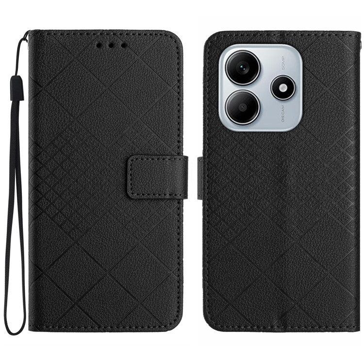 HT06 For Xiaomi Redmi Note 14 5G Wallet Phone Case Imprint PU Leather Flip Folio Cover - Black