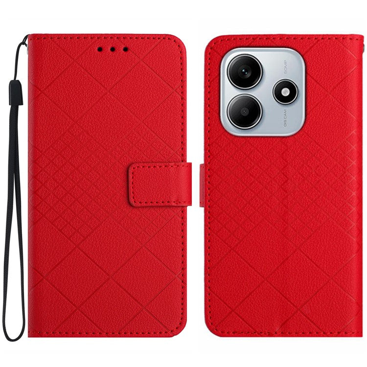 HT06 For Xiaomi Redmi Note 14 5G Wallet Phone Case Imprint PU Leather Flip Folio Cover - Red