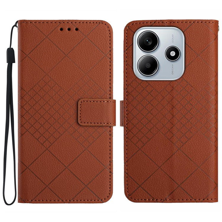 HT06 For Xiaomi Redmi Note 14 5G Wallet Phone Case Imprint PU Leather Flip Folio Cover - Brown